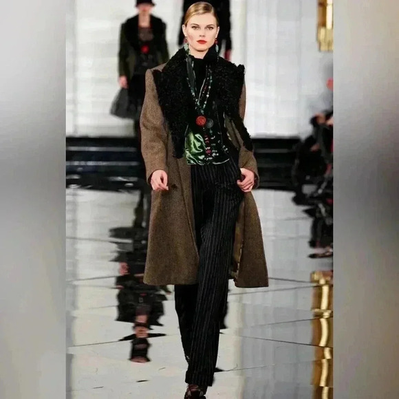 Ralph Lauren Collection Purple Label Wool Coat Shearling Fur Collar Trench Tweed - Picture 12 of 16